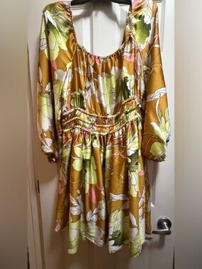 NWOT Floral Satin Puff-Sleeve Dress in Mustard & Lime